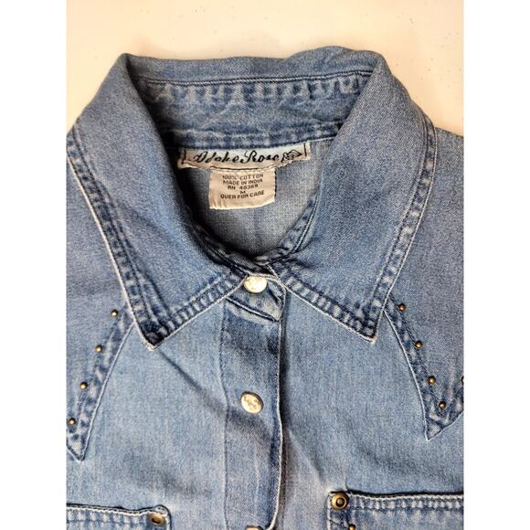 Adobe Rose Denim Western Sleeveless Horse Pearl Snaps Shirt Cowgirl Chic Studs - Picture 3 of 11